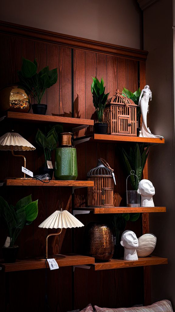 Elegant wooden shelves with plants, sculptures, and decor items in a modern setting.